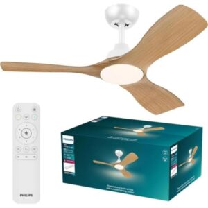 philips olas fan ceiling ventilador de techo con luz led hasta 6500k aspas fijas 30w ventilador + 24w luz mando a distancia color blanco/madera