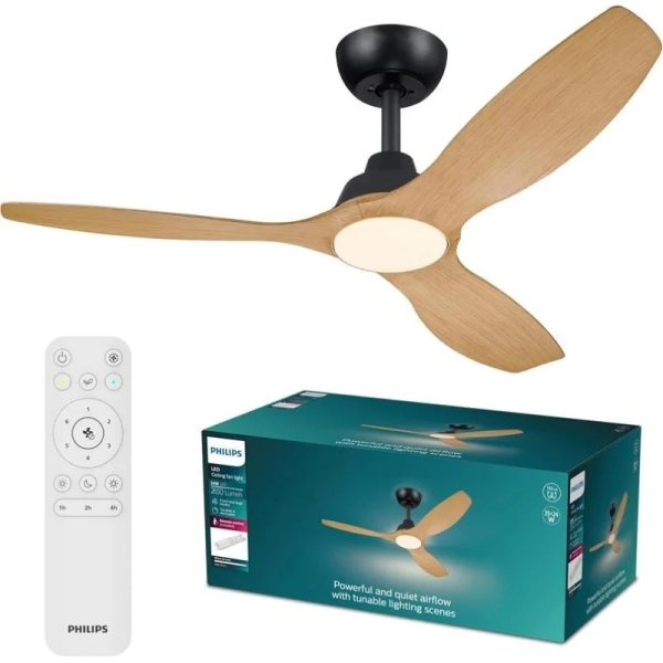 philips olas fan ceiling ventilador de techo con luz led hasta 6500k aspas fijas 35w ventilador + 24w luz mando a distancia color negro/madera