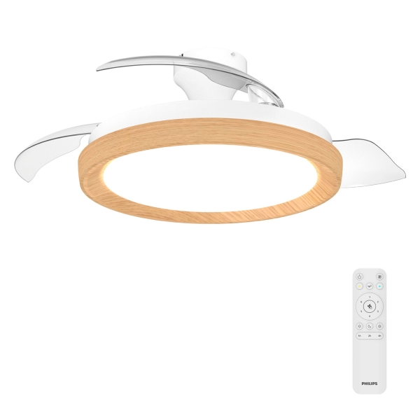 philips bliss dc fan ceiling ventilador de techo con luz led hasta 6500k aspas retractiles 35w ventilador + 28w luz mando a distancia color blanco/madera