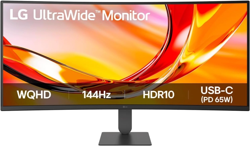 lg ultrawide monitor 34" curvo 1800r va qhd 144hz hdr10 amd freesync premium respuesta 5ms 21:9 ajustable en altura, inclinable hdmi, displayport, usb c vesa 100x100 color negro