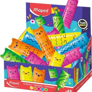 maped kawaii expositor con 48 mini marcadores fluorescentes neon divertidos diseños kawaii trazo de 1 a 5mm ideal para subrayar y resaltar colores surtidos
