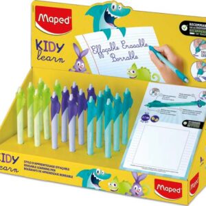 maped kidy lern magic expositor con 18 boligrafos borrables con guia para dedos modelos tiburon, conejo y camaleon tinta color azul recomendado para niños de 4 a 10 años