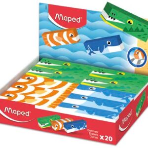 maped expositor de 20 gomas de borrar con 3 diseños de animales forma rectangular sin ftalatos colores surtidos
