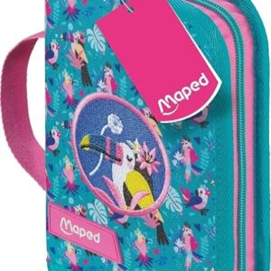 maped tropical estuche con 31 articulos: goma de borrar, sacapuntas, lapiz de grafito hb, 2 boligrafos, regla, 12 lapices de colores, 12 rotuladores y subrayador