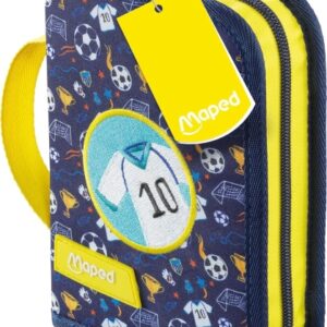 maped futbol estuche con 31 articulos: goma de borrar, sacapuntas, lapiz de grafito hb, 2 boligrafos, regla, 12 lapices de colores, 12 rotuladores y subrayador