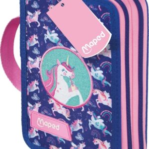 maped unicornio estuche de 2 pisos con 38 articulos: goma de borrar, sacapuntas, lapiz de grafito hb, 2 boligrafos, regla, 18 lapices de colores, 12 rotuladores, tijeras y subrayador