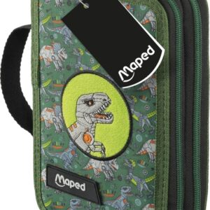 maped dinosaurio estuche de 2 pisos con 38 articulos: goma de borrar, sacapuntas, lapiz de grafito hb, 2 boligrafos, regla, 18 lapices de colores, 12 rotuladores, tijeras y subrayador