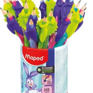 maped kidy lern bote con 22 lapices de grafito 2hb + guias para dedos 2 modelos camaleon y conejo apta para la mayoria de lapices para alumnos de 3 a 7 años