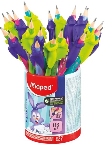 maped kidy lern bote con 22 lapices de grafito 2hb + guias para dedos 2 modelos camaleon y conejo apta para la mayoria de lapices para alumnos de 3 a 7 años