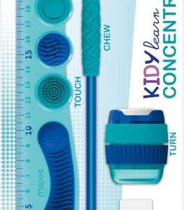 maped kidy lern concentration pack con regla 20cm + sacapuntas + goma de borrar + lapiz diseñados para ayudar a la concentracion zonas tactiles sensoriales color azul