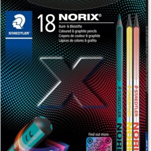 staedtler norix 186 pack de 16 lapices de colores hb + 2 lapices de grafito madera negra mina de grafito diseño inteligente para escribir, dibujar y hacer bocetos