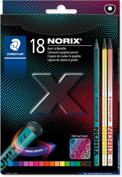 staedtler norix 186 pack de 16 lapices de colores hb + 2 lapices de grafito madera negra mina de grafito diseño inteligente para escribir, dibujar y hacer bocetos