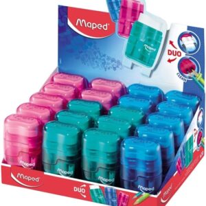 maped connect duo afilaborra de 2 orificio con goma de borrar deposito de gran capacidad forma ergonomica cuerpo translucido de colores surtidos