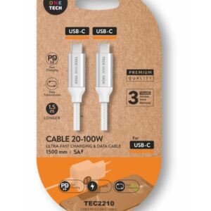 techonetech cable usb c macho a usb c macho 1m recubierto de nylon trenzado blanco