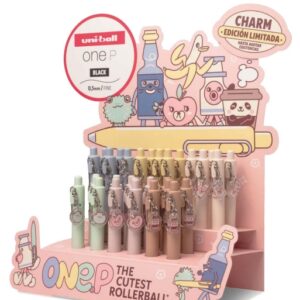uni ball one p charm expositor con 30 boligrafos retractiles con punta fina 0.5mm agarre suave y comodo tinta color negro cuerpo de colores pastel con charm
