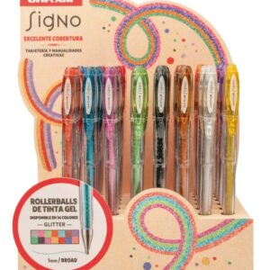 uni ball signo sparkling um 120sp expositor con 48 rollers de tinta gel + 50 tarjetas kraft gratis punta de bola 1mm tinta pigmentada resistente al agua y luz efecto purpurina color violeta parma