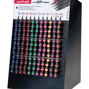 uni ball pin expositor con 168 rotuladores de colores y calibrados surtidos punta poliacetal tinta pigmentada resistente al agua y luz