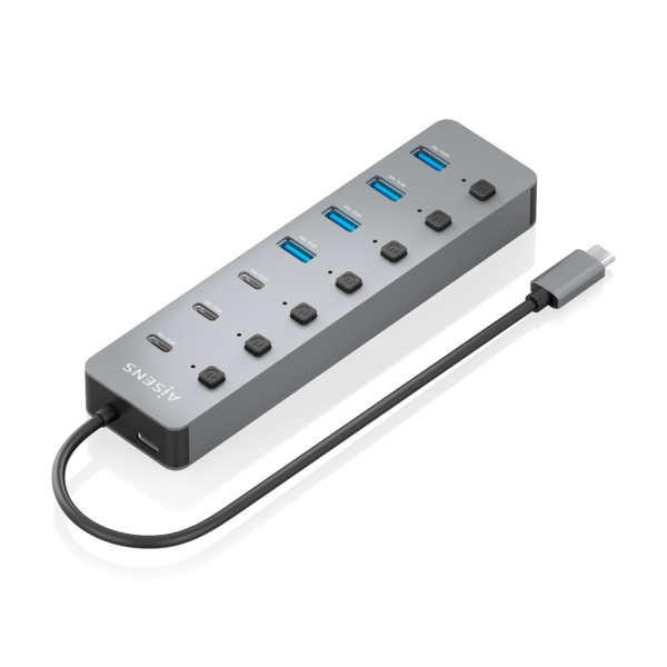 aisens hub usb c 3.2 gen2 10g 4xusb a 3xusb c 1xusb c pd3.0 100w botones de encendido/apagado en cada puerto 30cm color gris