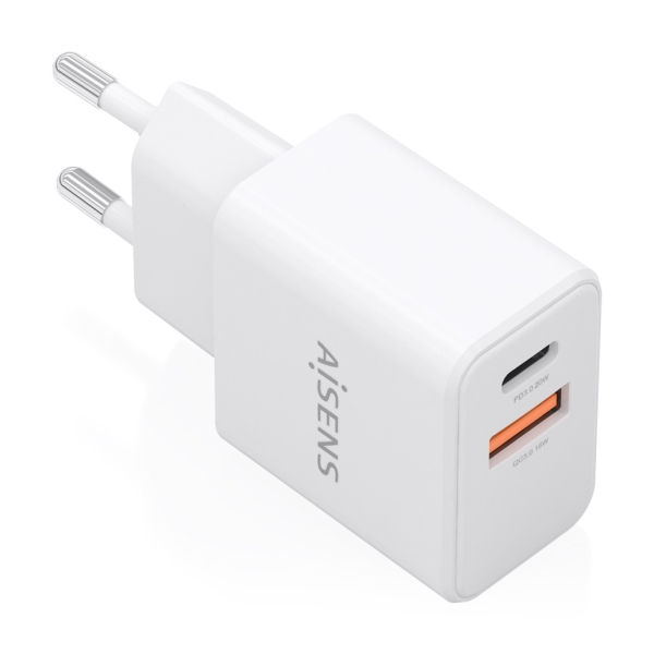 aisens cargador gan 20w 1xusb c pd3.0 1xusb a qc3.0 color blanco