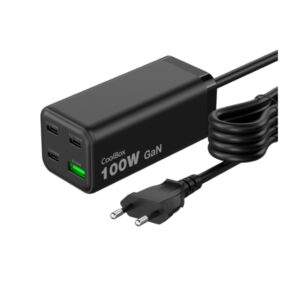 coolbox cargador gan 100w chargemaster 4 pro 3xusb c 1xusb a carga rapida 3.0 power delivery cable 1.5 metros color negro