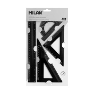 milan shadow pack de 4 reglas regla 30cm, escuadra, cartabon y transportador de angulos plastico rigido opaca centimetros y pulgadas color negro