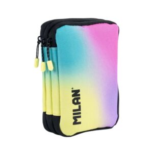 milan sunset plumier de 3 pisos con goma de borrar, sacapuntas, lapiz, 3 boligrafos p1, regla, 12 lapices de colores, 6 lapices de colores metalizados, 5 fluorescentes, tijeras y 18 rotuladores multicolor