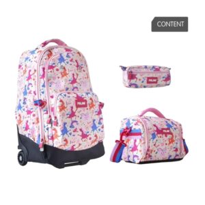 milan flowicorn pack de mochila con ruedas 25l + bolsa isotermica porta alimentos de 5l + estuche de 2 cremalleras