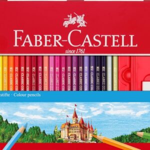 faber castell classic colour caja metalica con 48 lapices de colores hexagonales + 2 lapices de grafito, goma de borrar y sacapuntas resistencia a la rotura colores surtidos