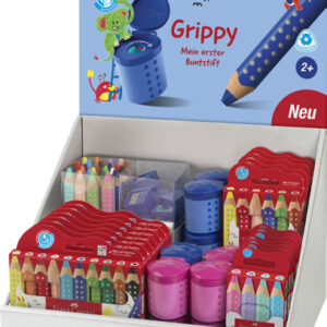 faber castell grippy expositor surtido de la coleccion grippy incluye lapices de colores en diferentes packs y sacapuntas simples y con deposito