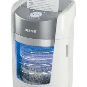 leitz iq optimax home office 350 destructora de papel manual din p5 destruye hasta 8 hojas tiempo de funcionamiento continuo 20m papelera de 22l con tecnologia de giro color blanco/gris