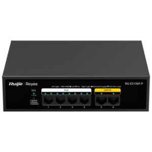 ruijie rg es106f p switch 6 puertos velocidad hasta 100mbps poe/poe+ hasta 54w carcasa de acero color negro