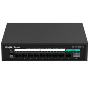 ruijie rg es110gs p l switch 8 puertos ethernet hasta 1gbps puerto ethernet uplink puerto sfp uplink poe/poe+ hasta 120w carcasa de acero color negro
