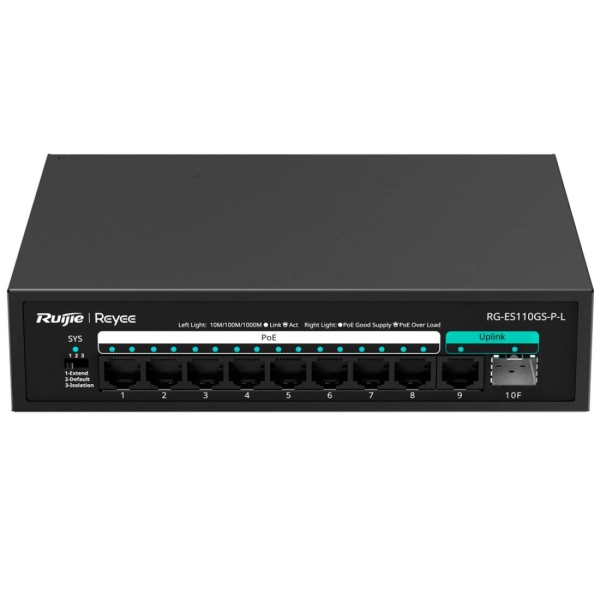 ruijie rg es110gs p l switch 8 puertos ethernet hasta 1gbps puerto ethernet uplink puerto sfp uplink poe/poe+ hasta 120w carcasa de acero color negro