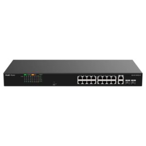 ruijie rg es118fgs lp switch 16 puertos ethernet hasta 100mbps 2 puertos gigabit rj45/sfp combo poe/poe+ hasta 120w carcasa de acero color negro