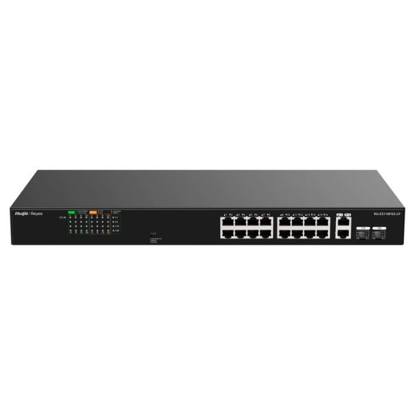 ruijie rg es118fgs lp switch 16 puertos ethernet hasta 100mbps 2 puertos gigabit rj45/sfp combo poe/poe+ hasta 120w carcasa de acero color negro