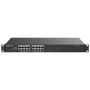 ruijie rg es118gs p l switch 16 puertos ethernet hasta 1gbps 2x sfp 1gbps poe/poe+ hasta 247w carcasa de acero color negro
