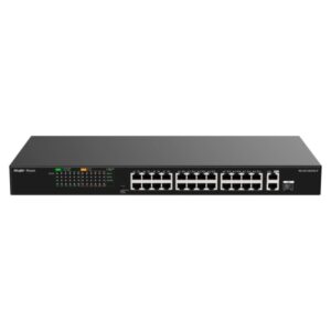 ruijie rg es126fgs p switch 24 puertos ethernet hasta 100mbps 1x uplink hasta 1gbps 1x rj45/sfp combo hasta 1gbps poe/poe+ hasta 370w carcasa de acero color negro