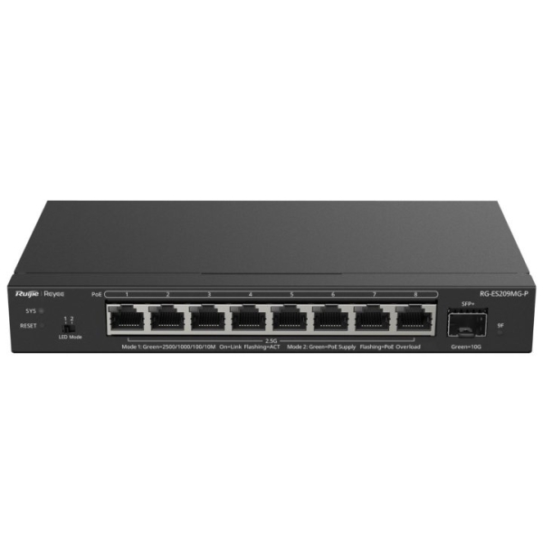 ruijie rg es209mg p switch 8 puertos ethernet hasta 2.5gbps 1x sfp+ hasta 10gbps poe/poe+ hasta 120w gestionado en la nube color negro