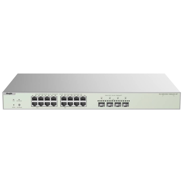 ruijie rg nbs3300 16mg4xs hp switch gestionado en capa 2 16 puertos ethernet hasta 2.5gbps 4x sfp+ hasta 10gbps poe/poe+ hasta 370w fuente de alimentacion fija color acero