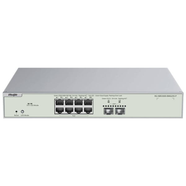 ruijie rg nbs3300 8mg2xs p switch gestionado en capa 2 8 puertos ethernet hasta 2.5gbps 2x sfp+ hasta 10gbps poe/poe+ hasta 240w fuente de alimentacion fija color acero