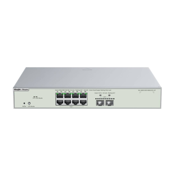 ruijie rg nbs5300 8mg2xs up switch con autonegociacion 8 puertos ethernet hasta 2.5gbps 2x sfp+ hasta 10gbps poe/poe+/poe++ hasta 370w fuente de alimentacion fija color acero