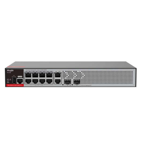 ruijie rg s2915 10gt2ms p l switch con auto negociacion 10 puertos ethernet hasta 1gbps 2x sfp hasta 2.5gbps poe/poe+ hasta 125w fuente de alimentacion fija color negro y gris