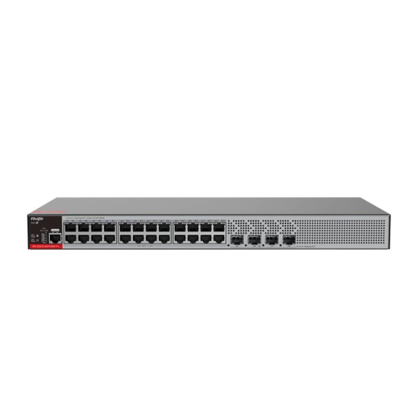 ruijie rg s2915 24gt4ms p l switch con auto negociacion 24 puertos ethernet hasta 1gbps 4x sfp hasta 2.5gbps poe/poe+ hasta 370w fuente de alimentacion fija color negro y gris