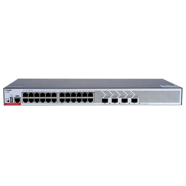 ruijie rg cs83 24gt4xs p switch 24 puertos ethernet hasta 1gbps 4x sfp+ hasta 10gbps poe/poe+ hasta 370w fuente de alimentacion fija color negro y gris