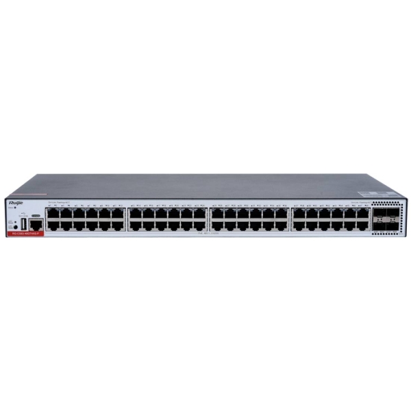 ruijie rg cs83 48gt4xs p switch 48 puertos ethernet hasta 1gbps 4x sfp+ hasta 10gbps poe/poe+ hasta 405w fuente de alimentacion fija color negro y gris