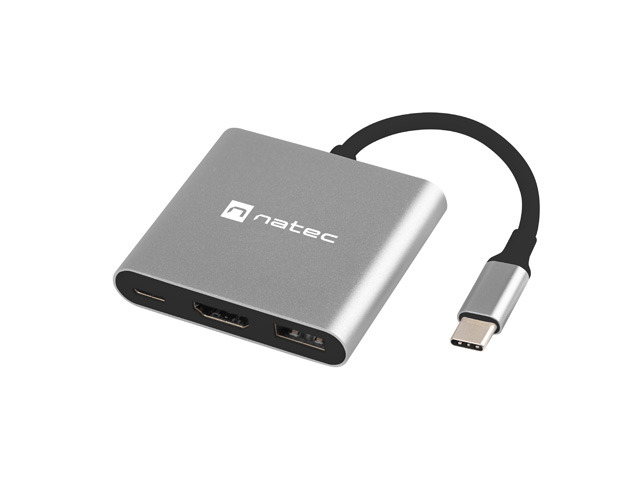 natec fowler mini adaptador multipuerto 3en1 usb c a usb 3.0, hdmi 4k usb c power delivery color gris
