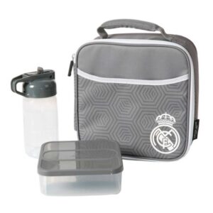 safta real madrid bolsa isotermica porta alimentos cremallera incluye recipiente de 650ml botella de 335ml bolsillo interior asa de mano 21x21.6x9.5cm color gris