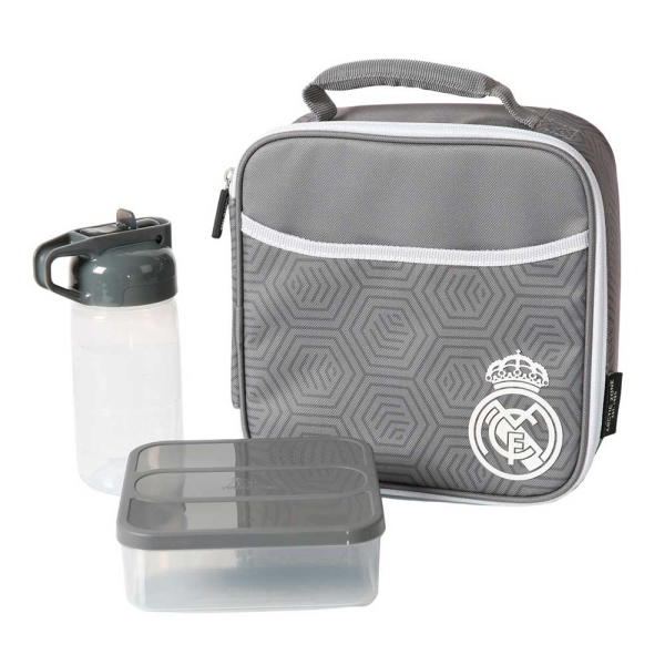 safta real madrid bolsa isotermica porta alimentos cremallera incluye recipiente de 650ml botella de 335ml bolsillo interior asa de mano 21x21.6x9.5cm color gris