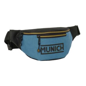 safta munich bolsa de cintura cremallera cintas ajustables cierre de pvc bolsillo frontal 23x12x9cm color negro y azul
