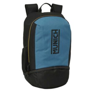 safta munich mochila zapatillero cremallera con doble tirador bolsillo interior portabotellas asa de mano 28x51x19cm color negro y azul